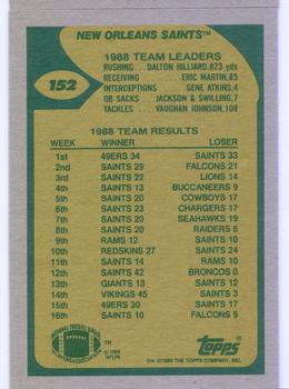 1989 Topps #152 Saints Team Leaders (Heyward Motors Forward) Back