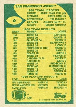 1989 Topps #6 49ers Team Leaders (Montana On the Run) Back