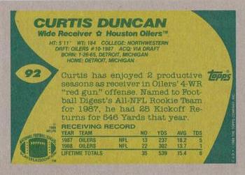 1989 Topps #92 Curtis Duncan Back
