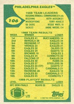 1989 Topps #106 Eagles Team Leaders (Cunningham Fakes the Field) Back