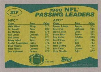 1989 Topps #217 1988 NFL Passing Leaders (Wade Wilson / Boomer Esiason) Back