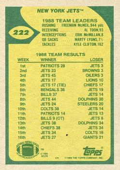 1989 Topps #222 Jets Team Leaders (O'Brien Surveys the Scene) Back
