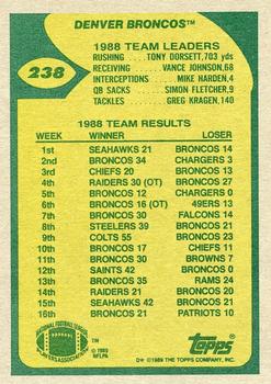 1989 Topps #238 Broncos Team Leaders (Elway Ground Attack) Back