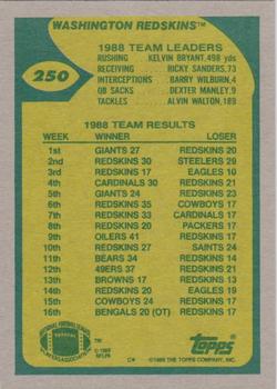 1989 Topps #250 Redskins Team Leaders (Williams Sets Up) Back