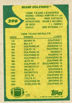 1989 Topps #290 Dolphins Team Leaders (Marino High and Far) Back