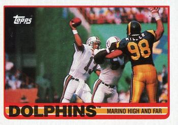 1989 Topps #290 Dolphins Team Leaders (Marino High and Far) Front