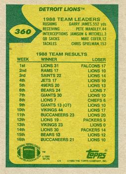 1989 Topps #360 Lions Team Leaders (Long Gets the Snap) Back