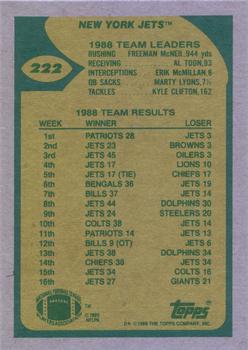 1989 Topps #222 Jets Team Leaders (O'Brien Surveys the Scene) Back