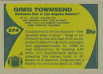 1989 Topps #274 Greg Townsend Back