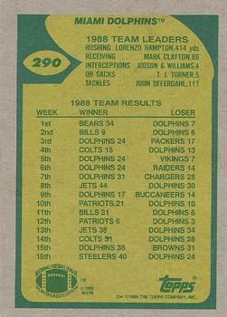 1989 Topps #290 Dolphins Team Leaders (Marino High and Far) Back