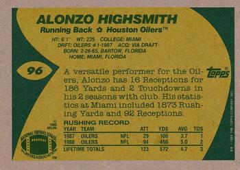 1989 Topps #96 Alonzo Highsmith Back