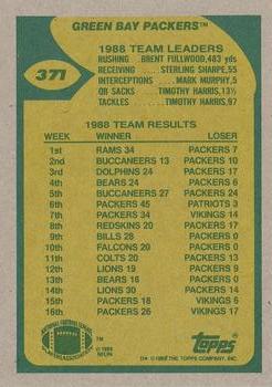 1989 Topps #371 Packers Team Leaders (Holland Over the Top) Back