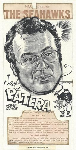 1976 Post-Intelligencer Seattle Seahawks #1 Jack Patera Front