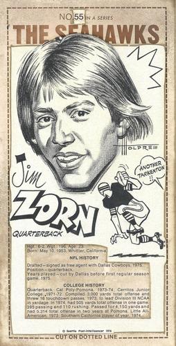 1976 Post-Intelligencer Seattle Seahawks #54 Jim Zorn Front