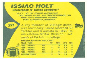 1989 Topps Traded #29T Issiac Holt Back