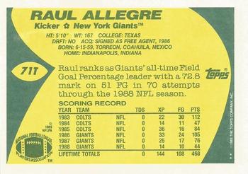 1989 Topps Traded #71T Raul Allegre Back