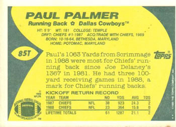 1989 Topps Traded #85T Paul Palmer Back