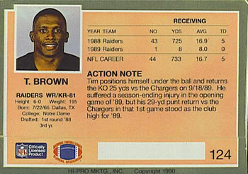 1990 Action Packed #124 Tim Brown Back
