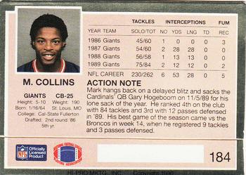 1990 Action Packed #184 Mark Collins Back