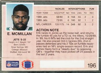 1990 Action Packed #196 Erik McMillan Back
