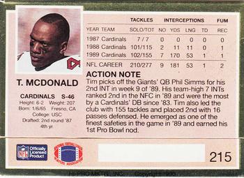 1990 Action Packed #215 Tim McDonald Back