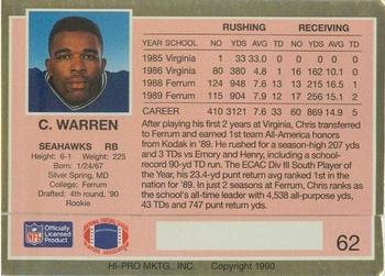 1990 Action Packed Rookie/Update #62 Chris Warren Back