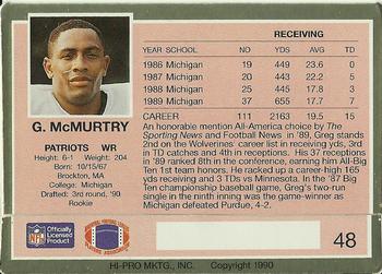 1990 Action Packed Rookie/Update #48 Greg McMurtry Back