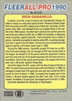 1990 Fleer - All-Pro #22 Rich Camarillo Back