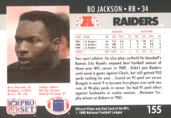 1990 Pro Set #155 Bo Jackson Back