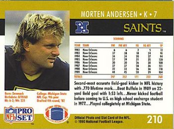 1990 Pro Set #210 Morten Andersen Back