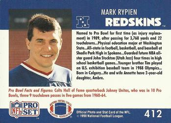 1990 Pro Set #412 Mark Rypien Back