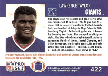 1990 Pro Set #422 Lawrence Taylor Back