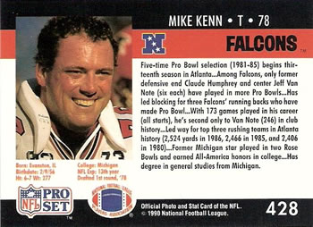 1990 Pro Set #428 Mike Kenn Back