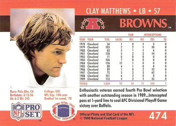 1990 Pro Set #474 Clay Matthews Back