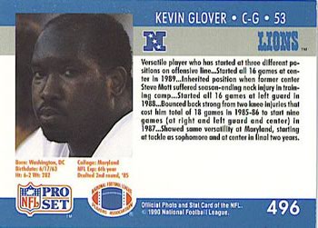 1990 Pro Set #496 Kevin Glover Back