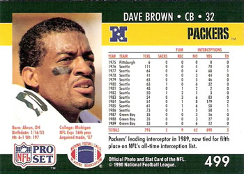 1990 Pro Set #499 Dave Brown Back