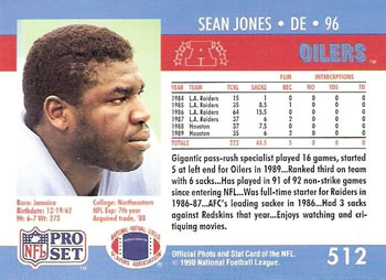 1990 Pro Set #512 Sean Jones Back