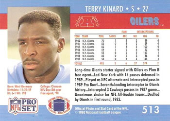 1990 Pro Set #513 Terry Kinard Back