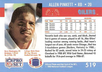 1990 Pro Set #519 Allen Pinkett Back