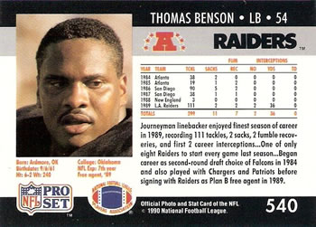 1990 Pro Set #540 Thomas Benson Back