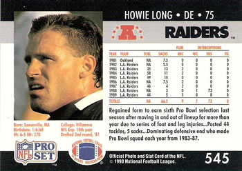 1990 Pro Set #545 Howie Long Back