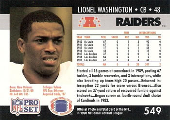 1990 Pro Set #549 Lionel Washington Back