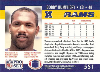 1990 Pro Set #551 Bobby Humphery Back