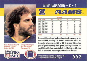 1990 Pro Set #552 Mike Lansford Back