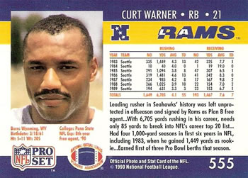 1990 Pro Set #555 Curt Warner Back