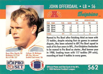 1990 Pro Set #562 John Offerdahl Back