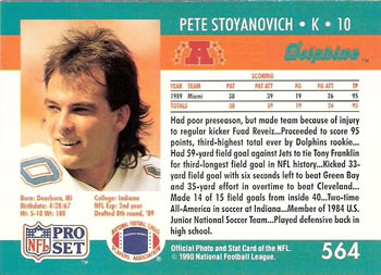 1990 Pro Set #564 Pete Stoyanovich Back