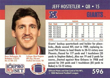1990 Pro Set #596 Jeff Hostetler Back