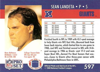 1990 Pro Set #597 Sean Landeta Back