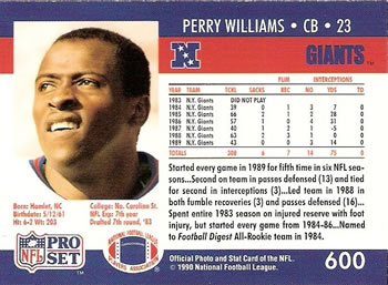 1990 Pro Set #600 Perry Williams Back